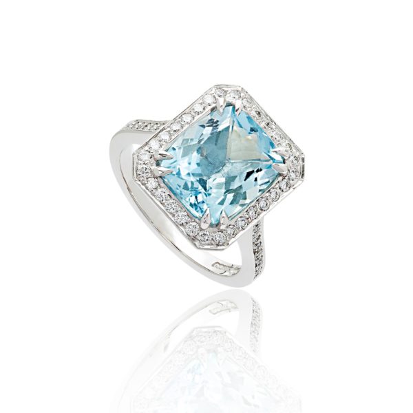 18ct White gold cushion cut aquamarine and diamond ring