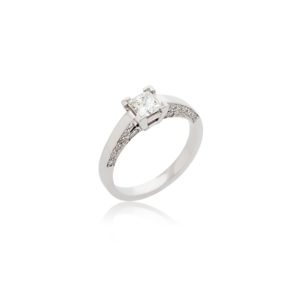 Platinum princess cut diamond ring with diamond set shoulders