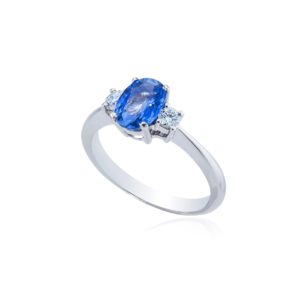 Platinum oval cut sapphire and brilliant cut diamond ring