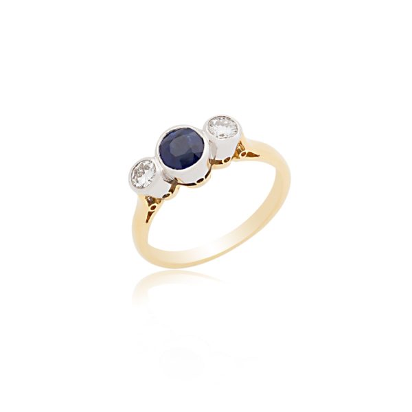 18ct Yellow gold round sapphire & brilliant cut diamond 3 stone ring