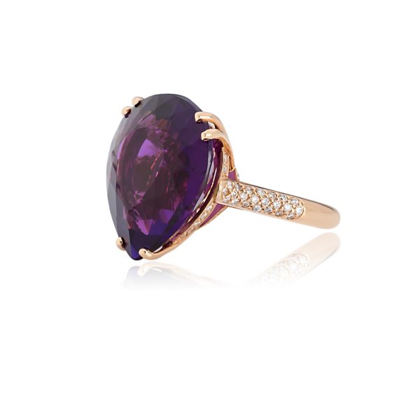 18ct Rose gold pear cut amethyst and diamond cocktail ring.