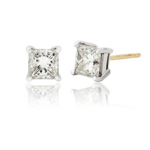 White Gold Princess Cut Diamond Earrings with yellow gold