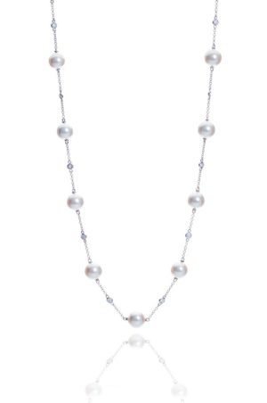 18ct White Gold Pearl, diamond and chain necklet