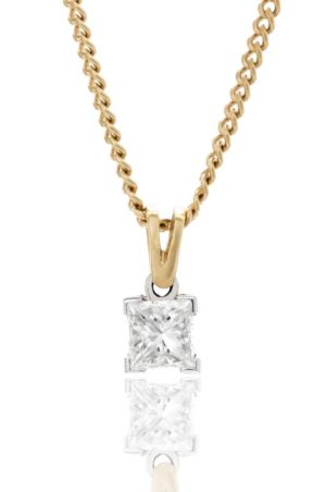 18ct yellow gold single stone princess cut diamond pendant.