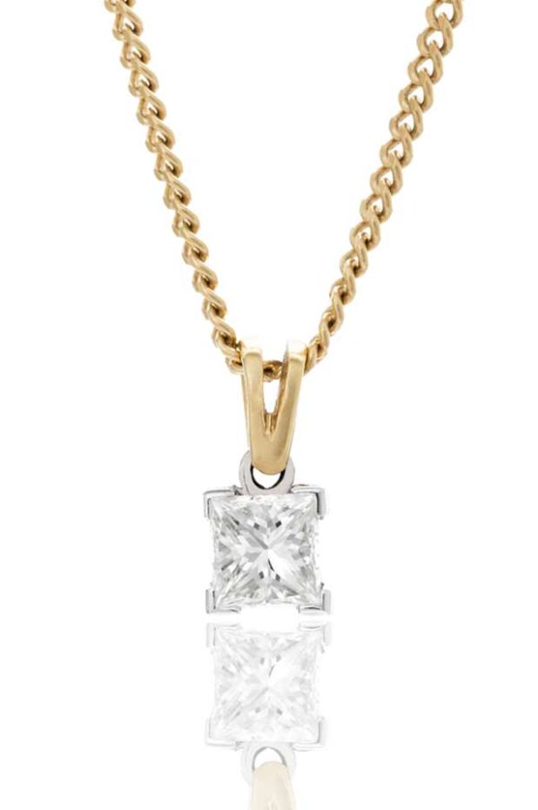 18ct yellow gold single stone princess cut diamond pendant.