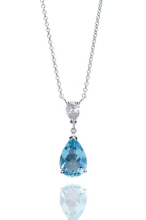 18ct White gold pear cut blue aquamarine and diamond pendant