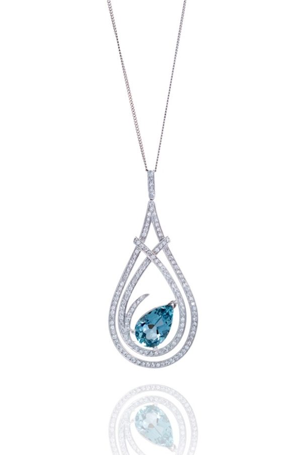 18ct White gold pear cut blue aquamarine and diamond pave set pendant