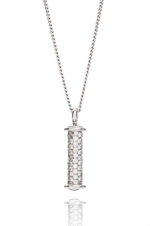 18ct white gold diamond pave set barrel pendant.