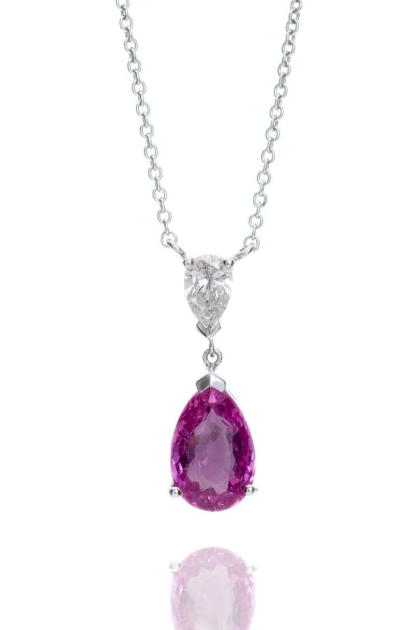 18ct white gold pear cut pink sapphire and pear cut diamond pendant